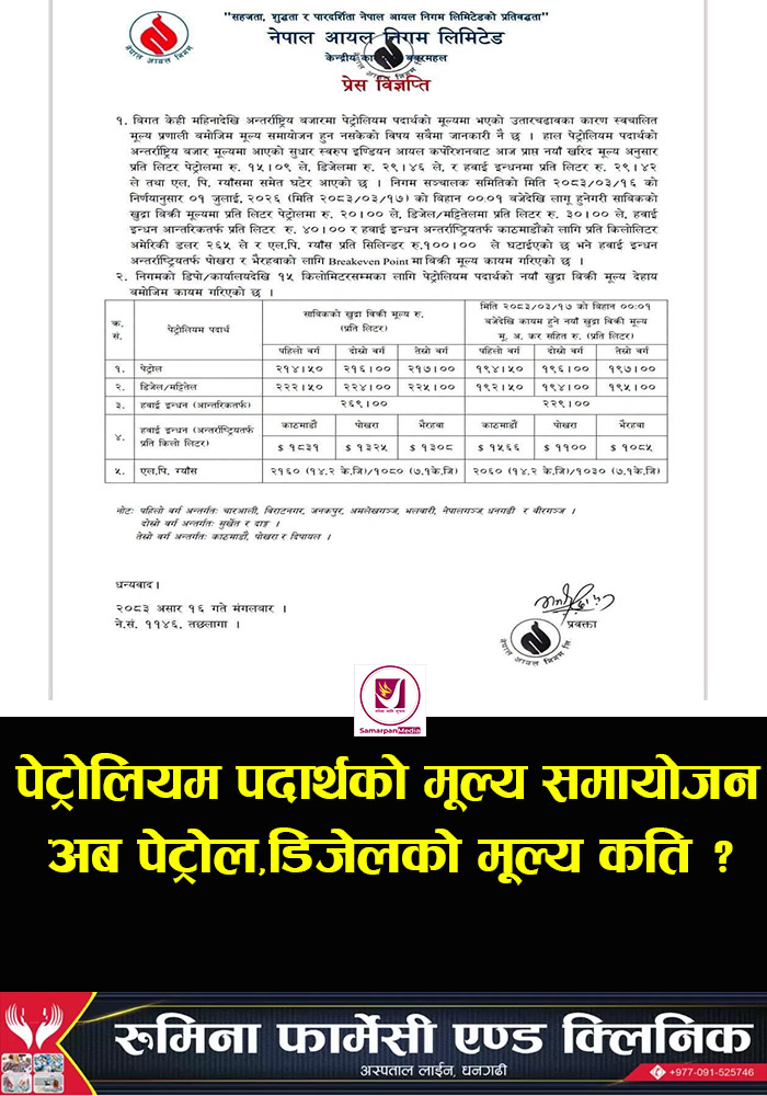 You are currently viewing पेट्रोलियम पदार्थको मूल्य समायोजन,पेट्रोल डिजेल र खाना पकाउने ग्याँसको मूल्य अब कति ?